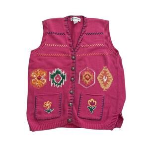1990s VTG Hand Knit Eagle's Eye Hot Pink Geometric Embroidered Sweater Vest L